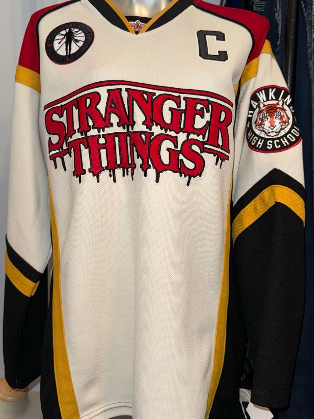 Stranger Things Men's Crewneck Hockey Sweater — White/Red/Black/Gold
